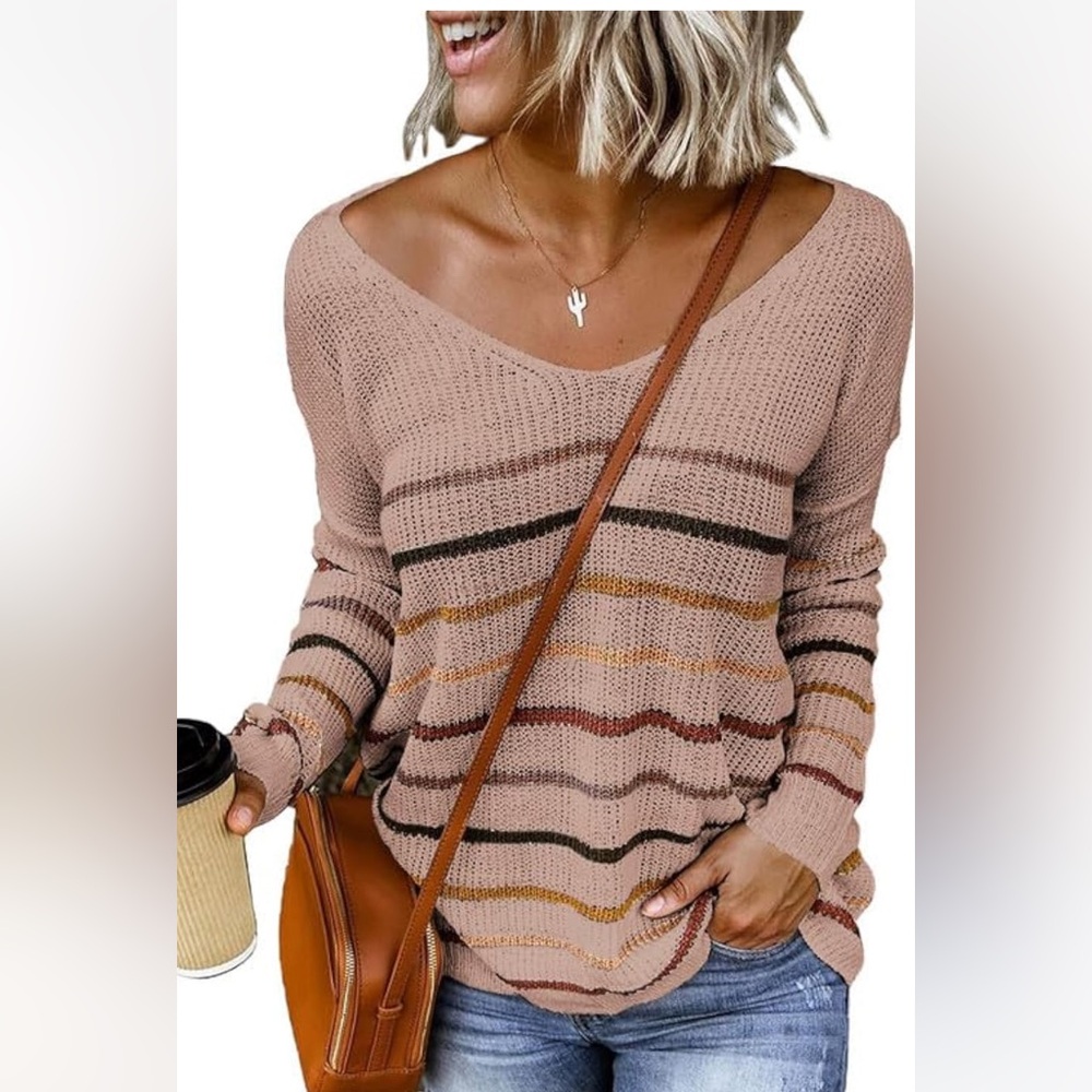 Dokotoo Womens Spring Fall Color Block Stripes V-Neck Long Sleeve Knit Sweater